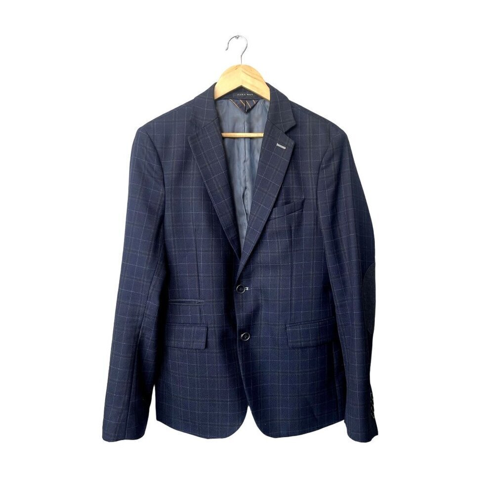 Zara Mens Blazer Size‎ 40 Navy Blue Plaid Wool Blend Button Front